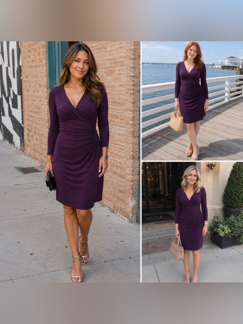 Ralph Lauren Dress Faux Wrap Jersey Knit Purple Plum 3/4 Sleeve Ruching Size 8
